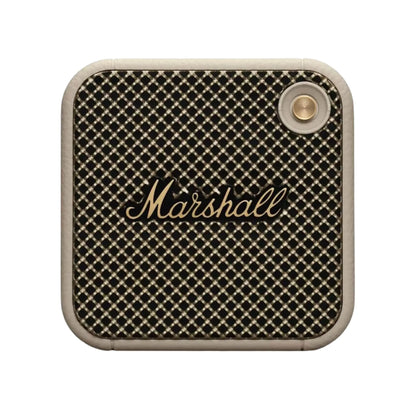 Das Bild zeigt den Marshall Willen Bluetooth Lautsprecher in Creme aus der Frontansicht.