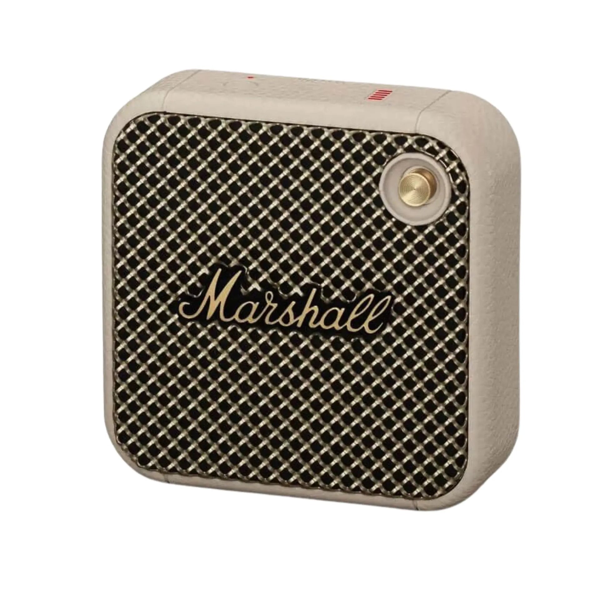 Das Bild zeigt den Marshall Willen Bluetooth Lautsprecher in Creme aus der Schrägansicht.