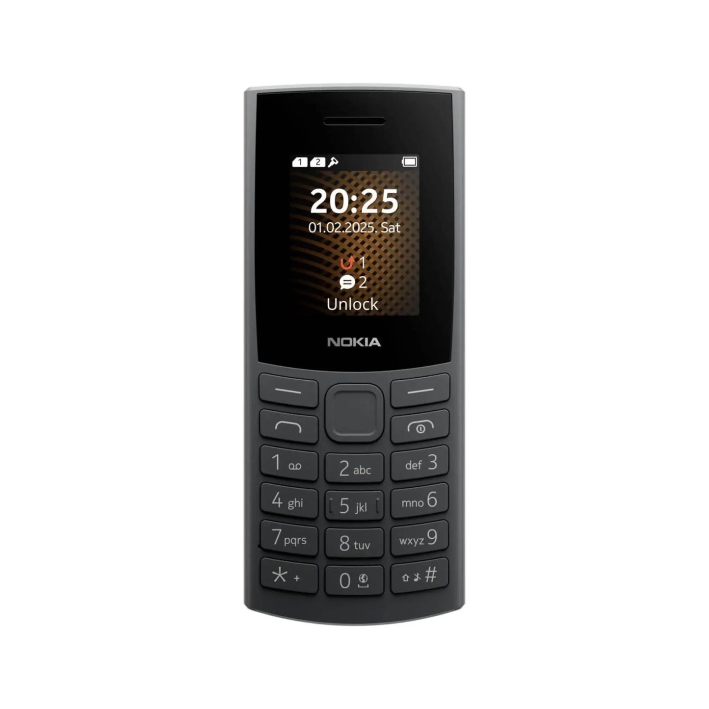 Das Bild zeigt das Nokia 105 4G (2. Edition) Handy in Schwarz aus der Frontansicht.