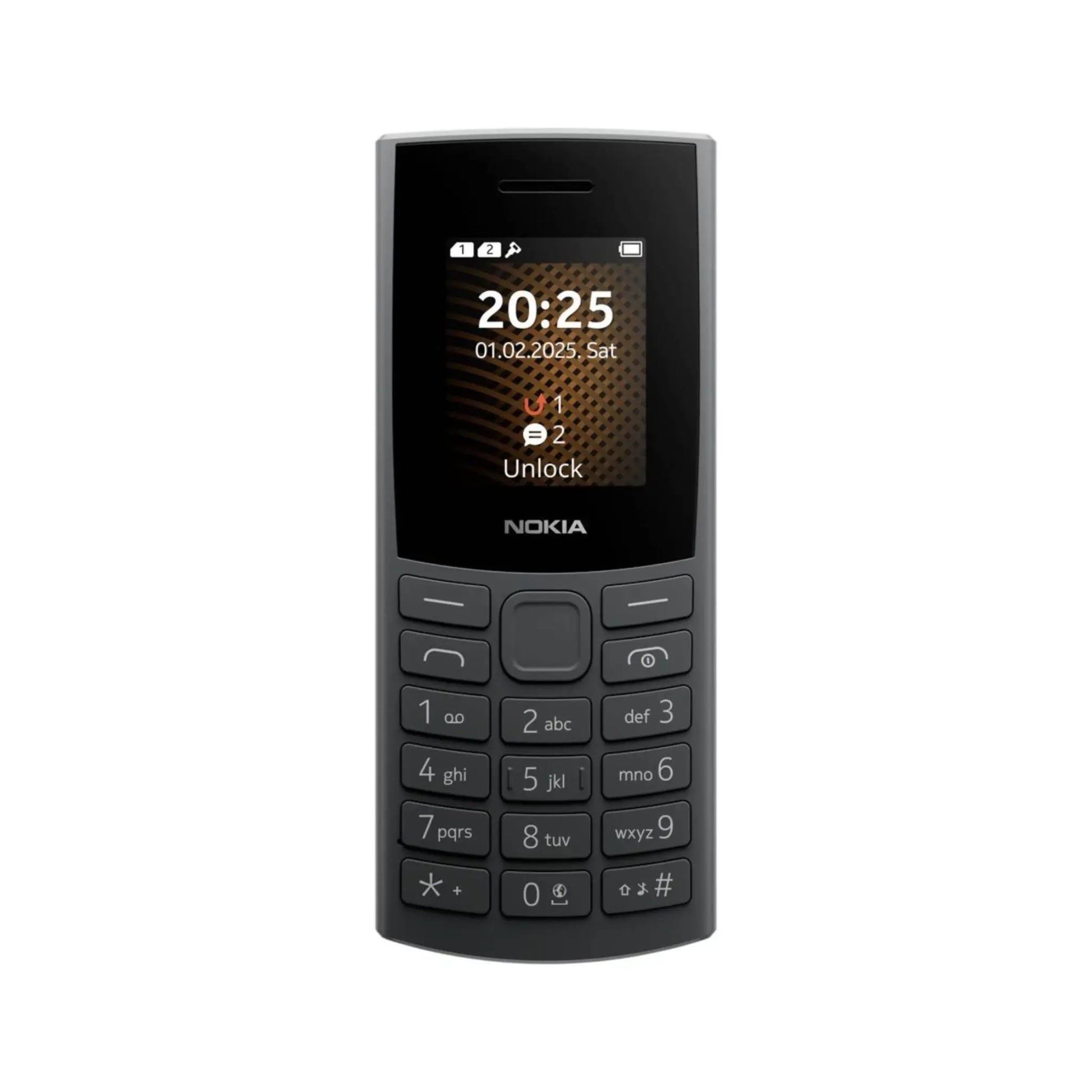 Das Bild zeigt das Nokia 105 4G (2. Edition) Handy in Schwarz aus der Frontansicht.