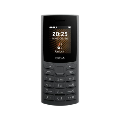 Das Bild zeigt das Nokia 105 4G (2. Edition) Handy in Schwarz aus der Frontansicht.