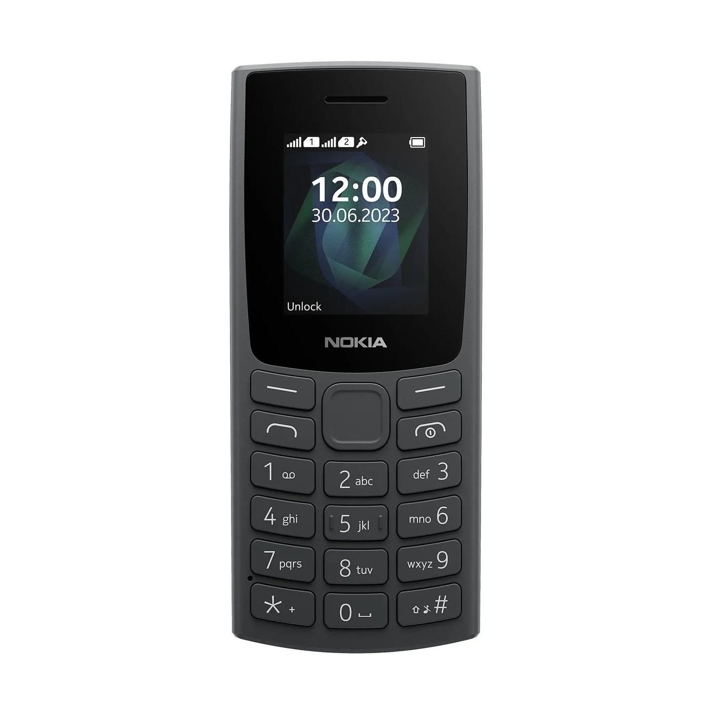 Das Bild zeigt das Nokia 105 Dual SIM (2023) Handy in Schwarz aus der Frontansicht.