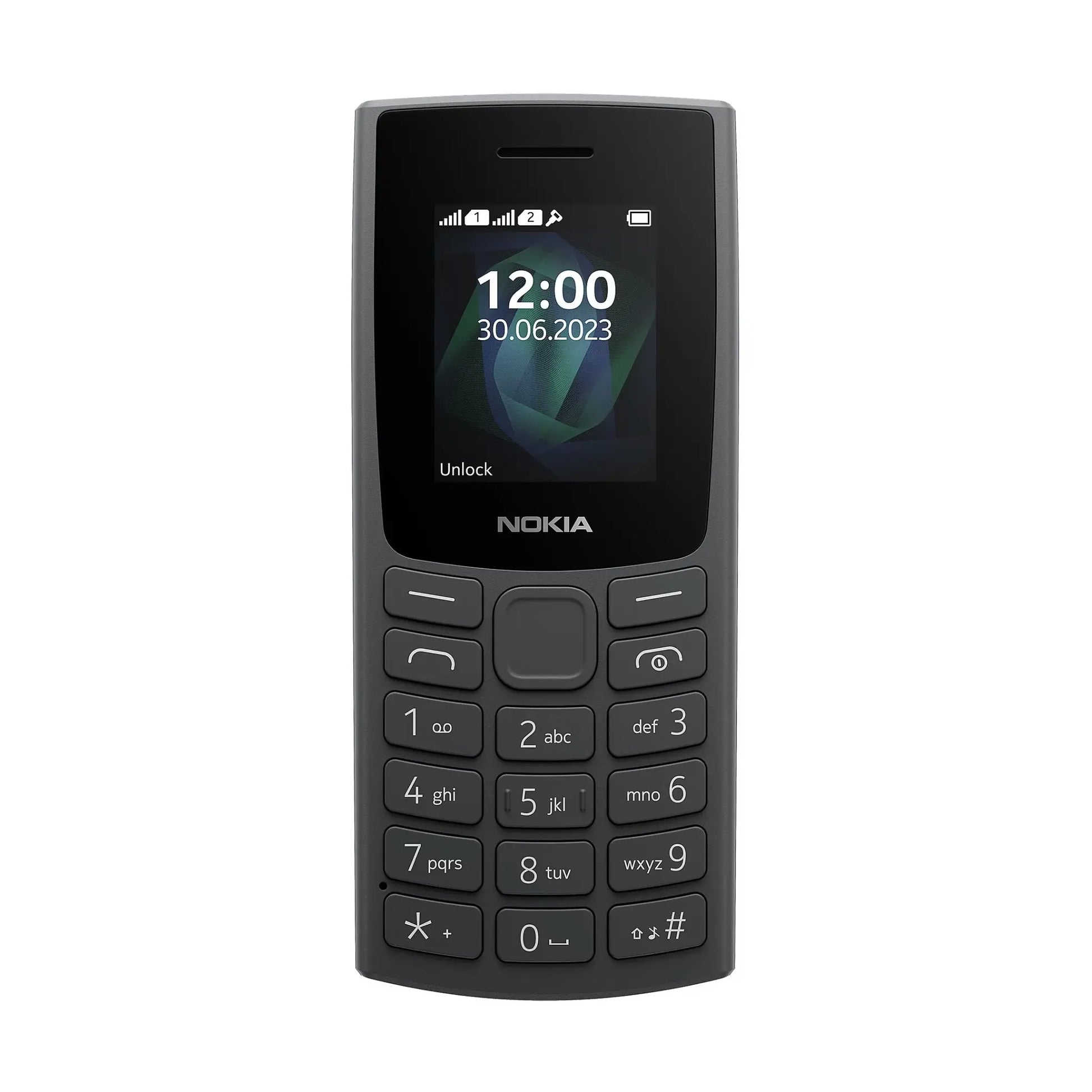 Das Bild zeigt das Nokia 105 Dual SIM (2023) Handy in Schwarz aus der Frontansicht.