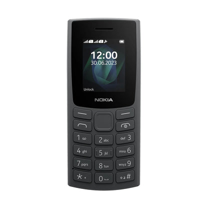 Das Bild zeigt das Nokia 105 Dual SIM (2023) Handy in Schwarz aus der Frontansicht.