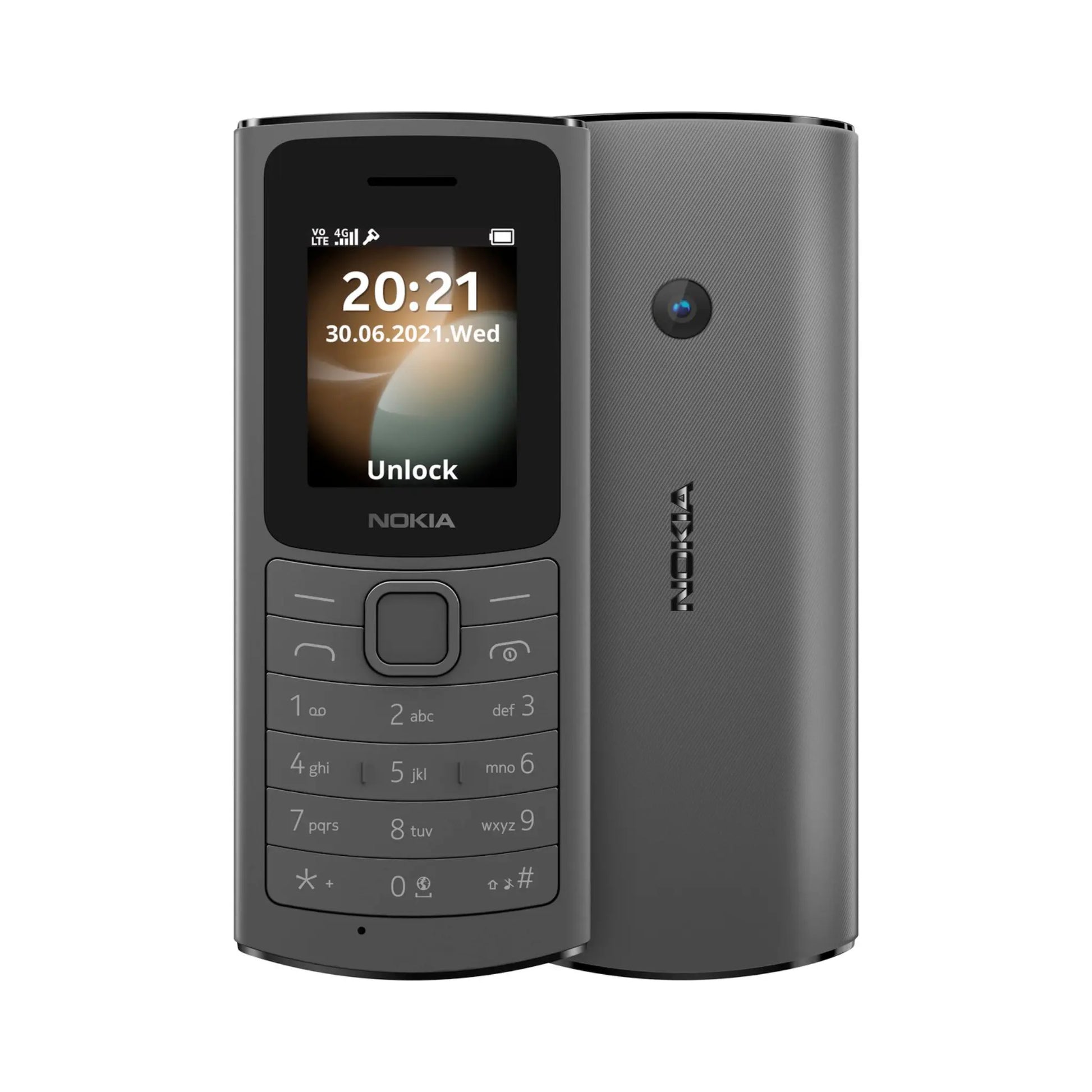 Das Bild zeigt das Nokia 110 4G (2021) Handy Dual-SIM in der Front- und Rückseitenansicht.