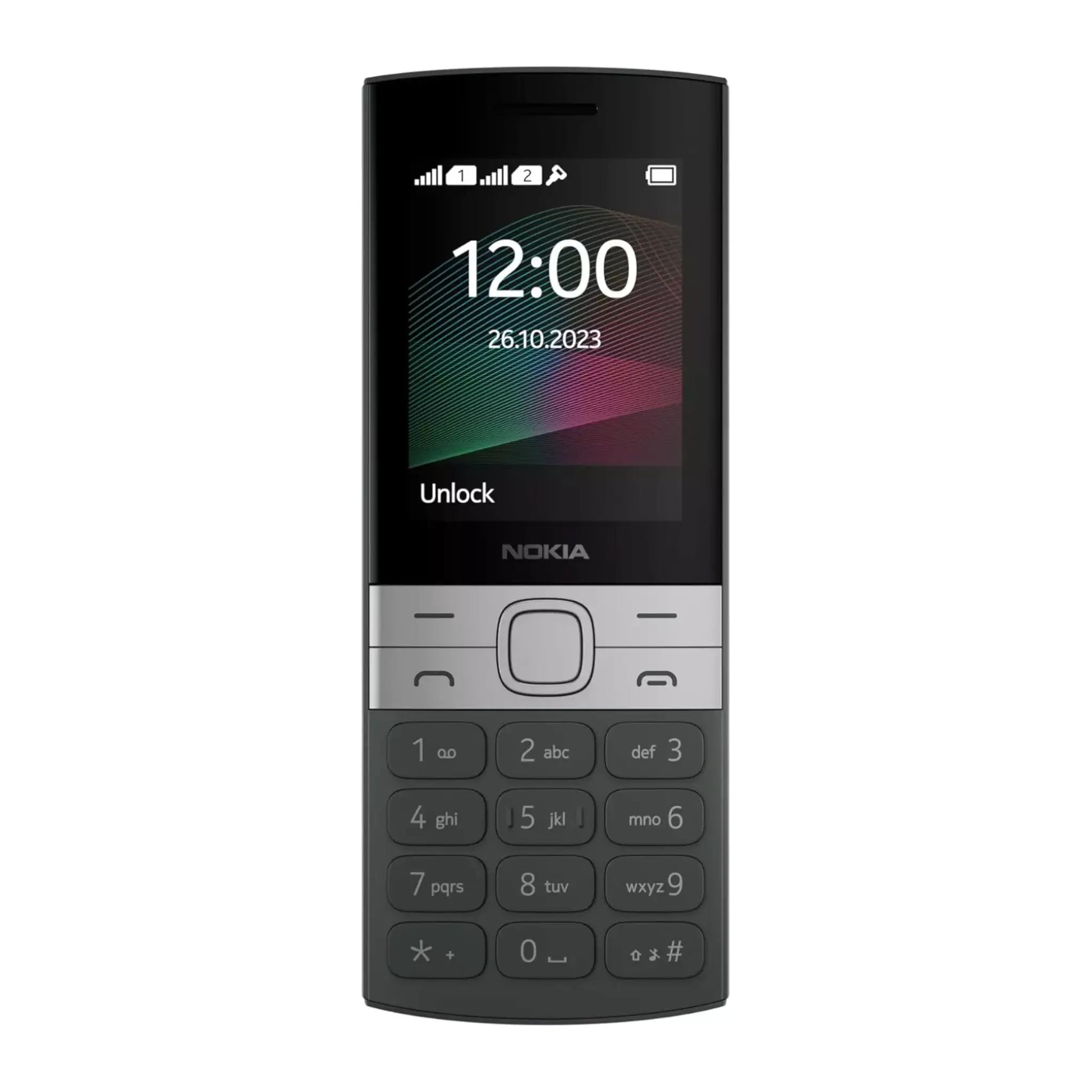 Das Bild zeigt das Nokia 150 2G (2023) Handy in Schwarz aus der Frontansicht.