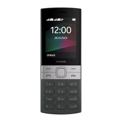 Das Bild zeigt das Nokia 150 2G (2023) Handy in Schwarz aus der Frontansicht.