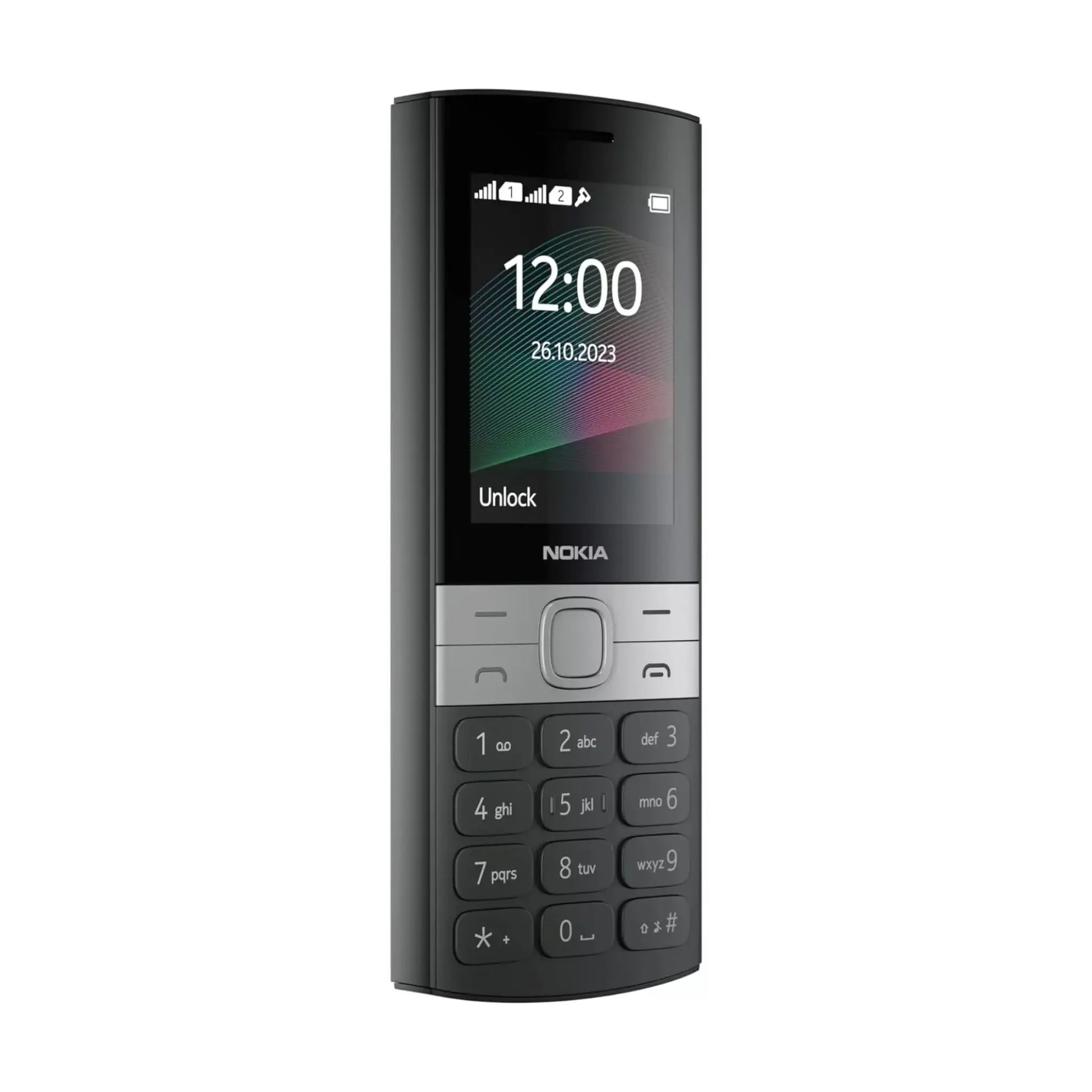Das Bild zeigt das Nokia 150 2G (2023) Handy in Schwarz aus der Schrägansicht.