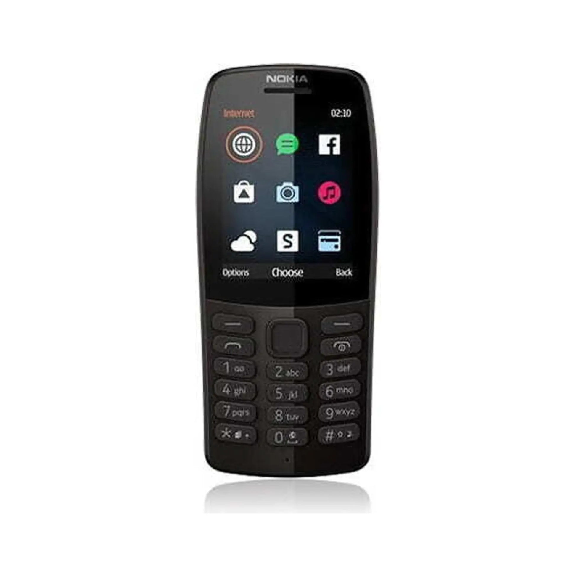 Das Bild zeigt das Nokia 210 (2019) 2G Handy in Schwarz aus der Frontansicht.
