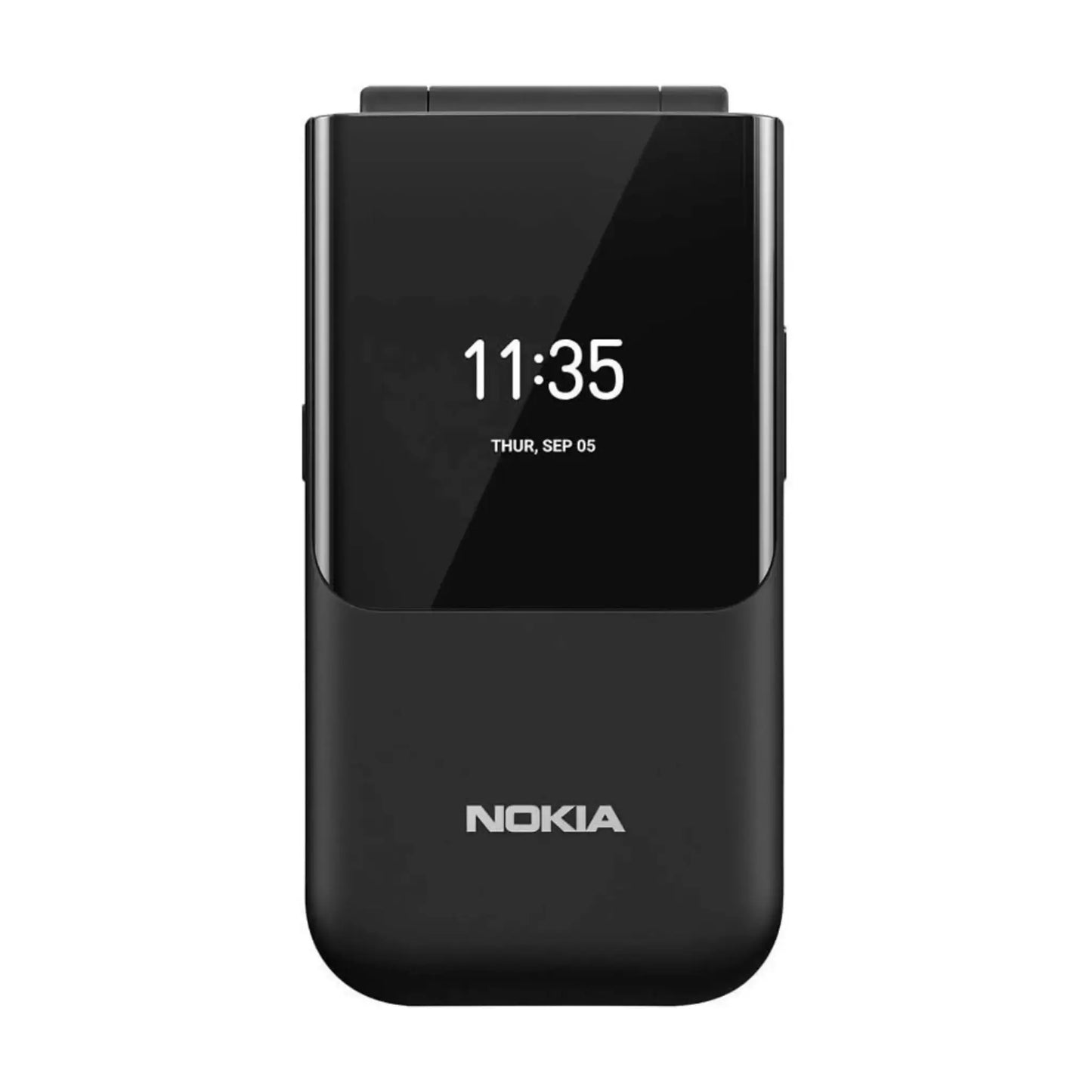 Das Bild zeigt das Nokia 2720 Flip (2019) Handy in Schwarz aus der Frontansicht.