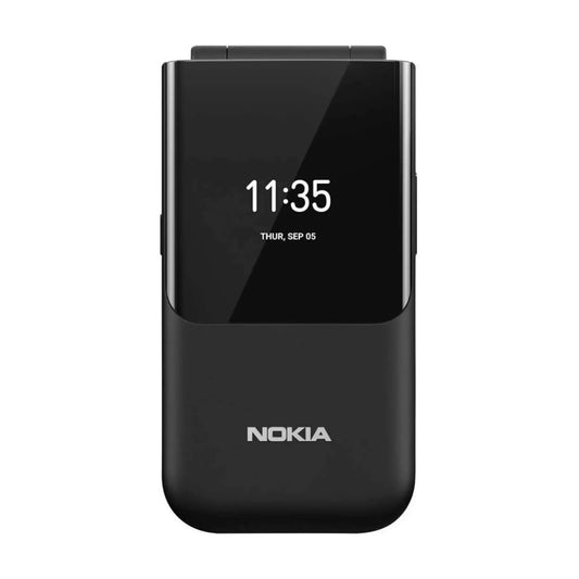 Das Bild zeigt das Nokia 2720 Flip (2019) Handy in Schwarz aus der Frontansicht.
