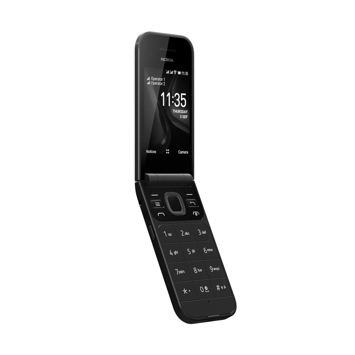 Das Bild zeigt das Nokia 2720 Flip (2019) Handy in Schwarz aus der Schrägansicht.