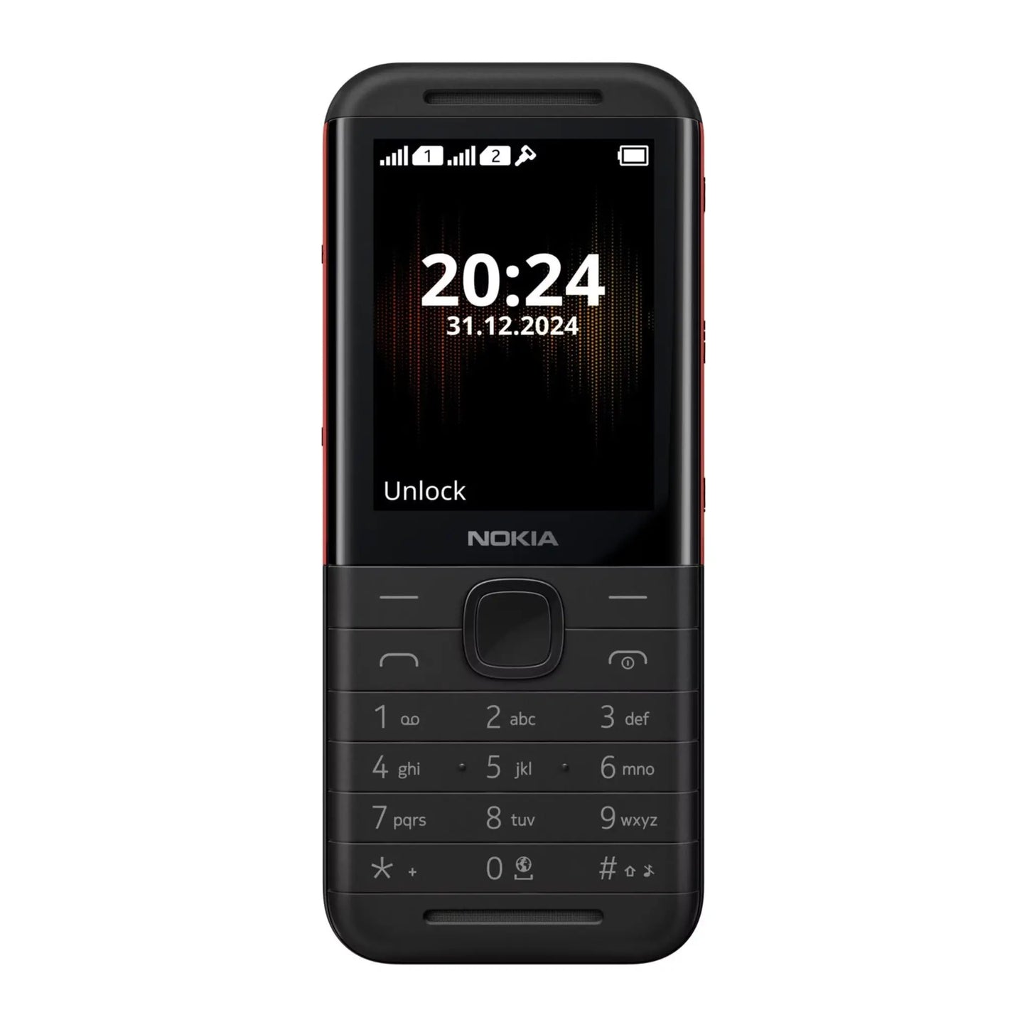 Das Bild zeigt das Nokia 5310 (2020) Handy in Schwarz aus der Frontansicht.