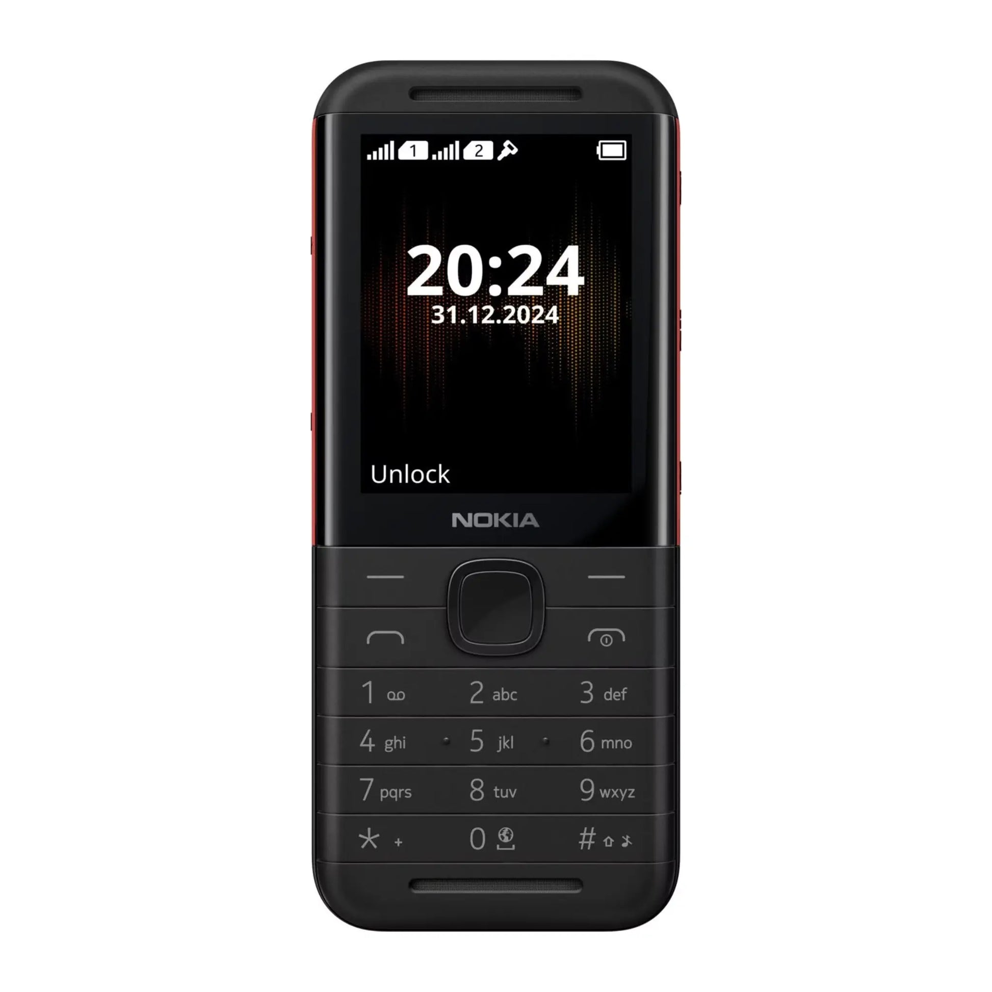 Das Bild zeigt das Nokia 5310 (2020) Handy in Schwarz aus der Frontansicht.