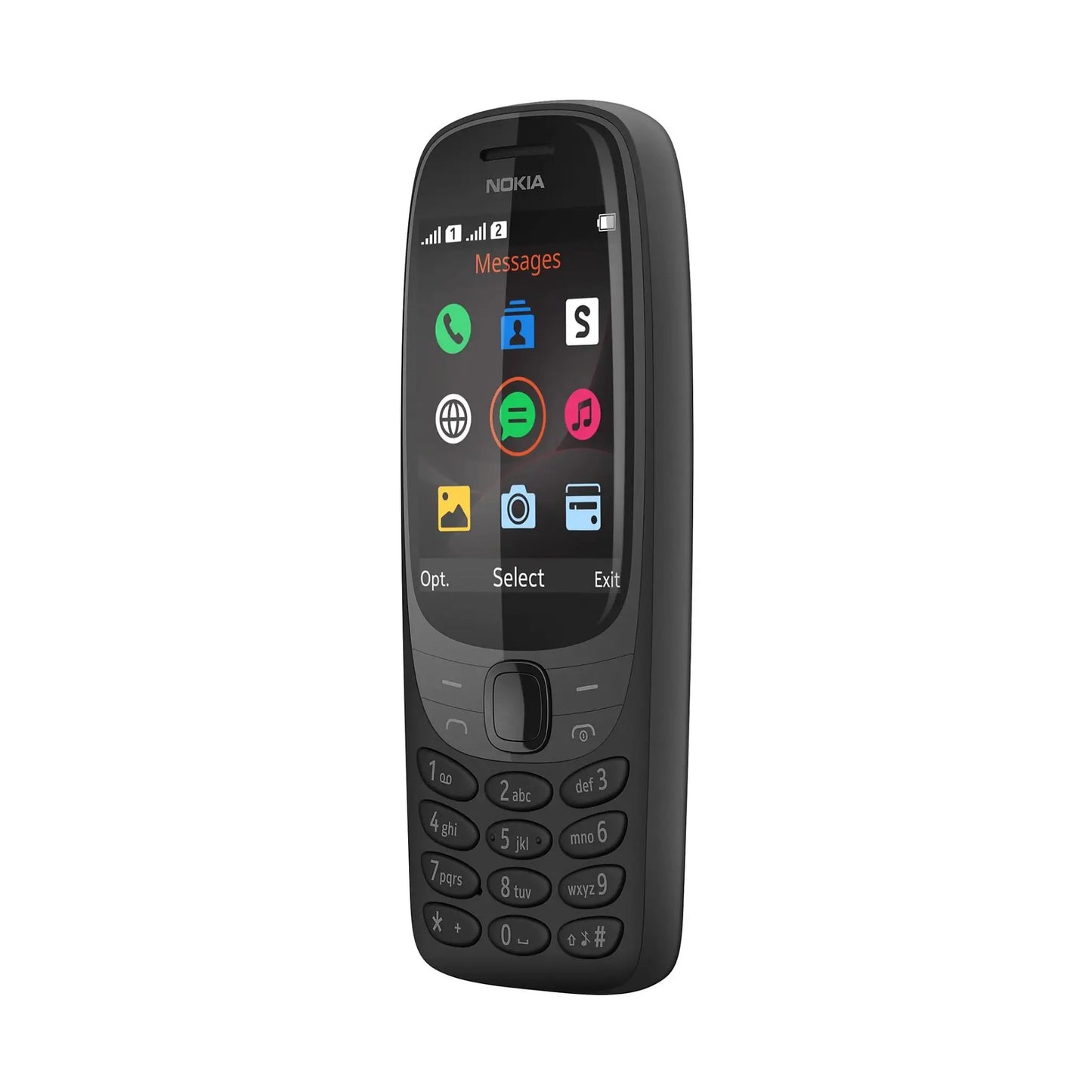 Das Bild zeigt das Nokia 6310 2G (2021) Handy in Schwarz aus der Schrägansicht.