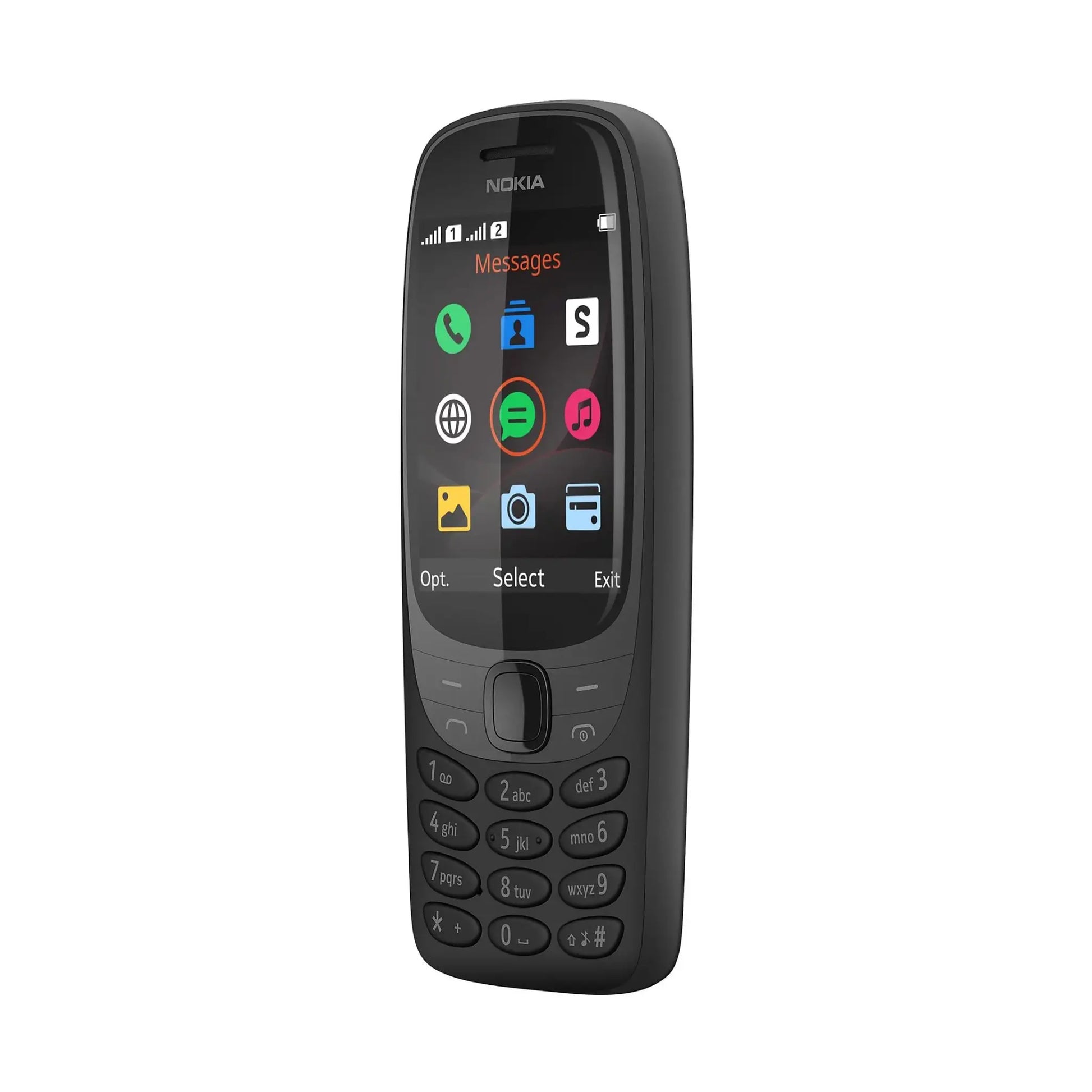 Das Bild zeigt das Nokia 6310 2G (2021) Handy in Schwarz aus der Schrägansicht.