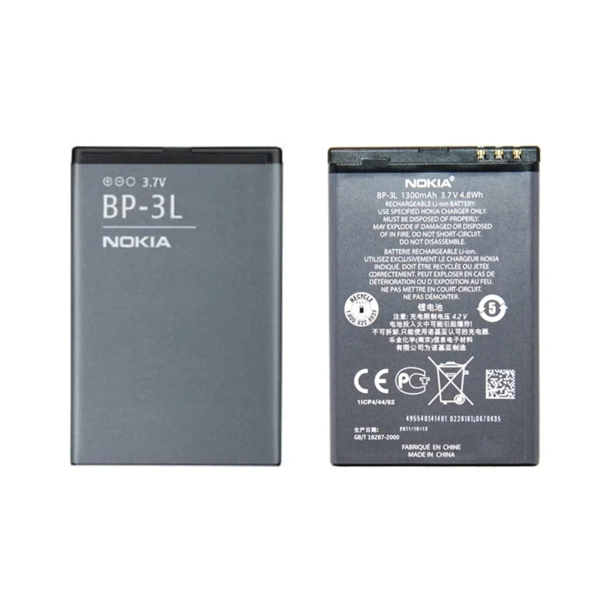 Auf diesem Produktbild wird der Nokia Akku BP-3L Li-Ion 3.7 Volt 1300 mAh abgebildet.
