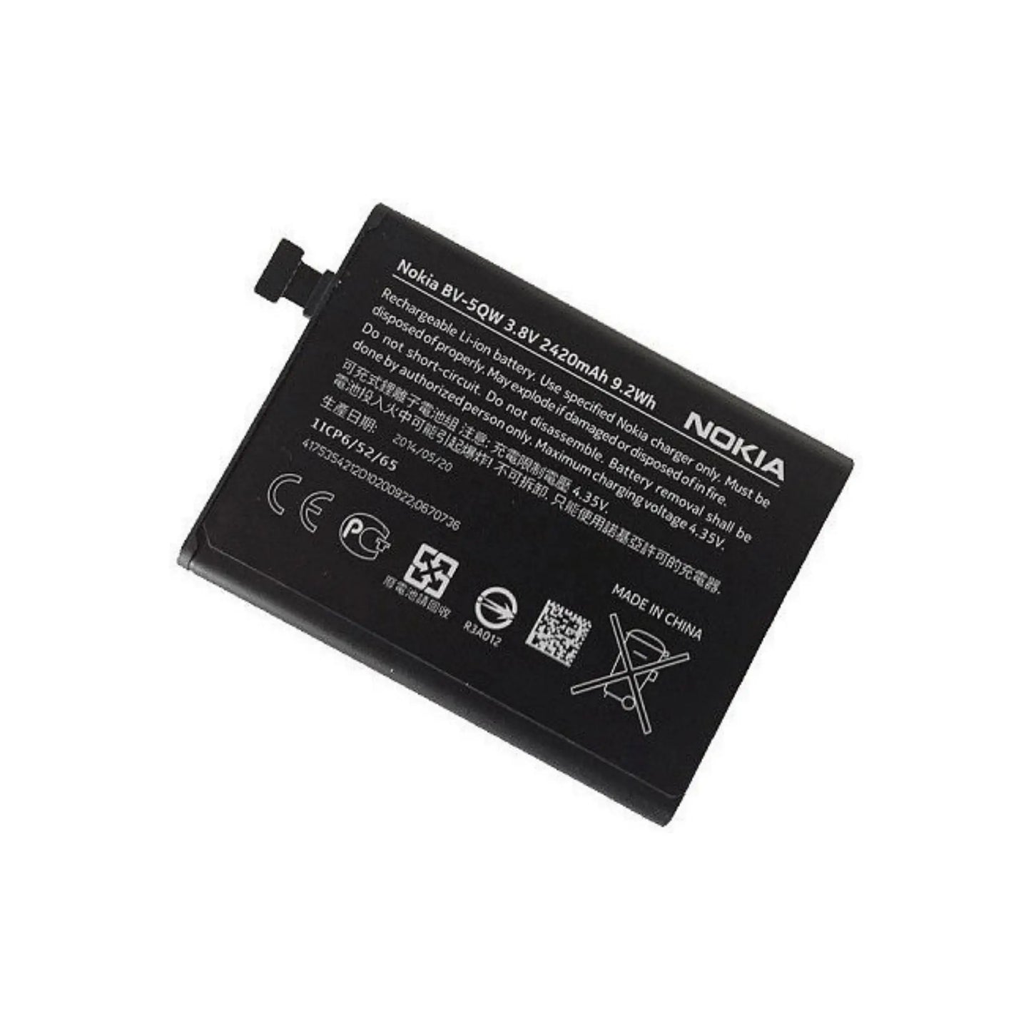 Auf diesem Produktbild wird der Nokia Akku BV-5QW Li-Ion 3.8 Volt 2420 mAh abgebildet.