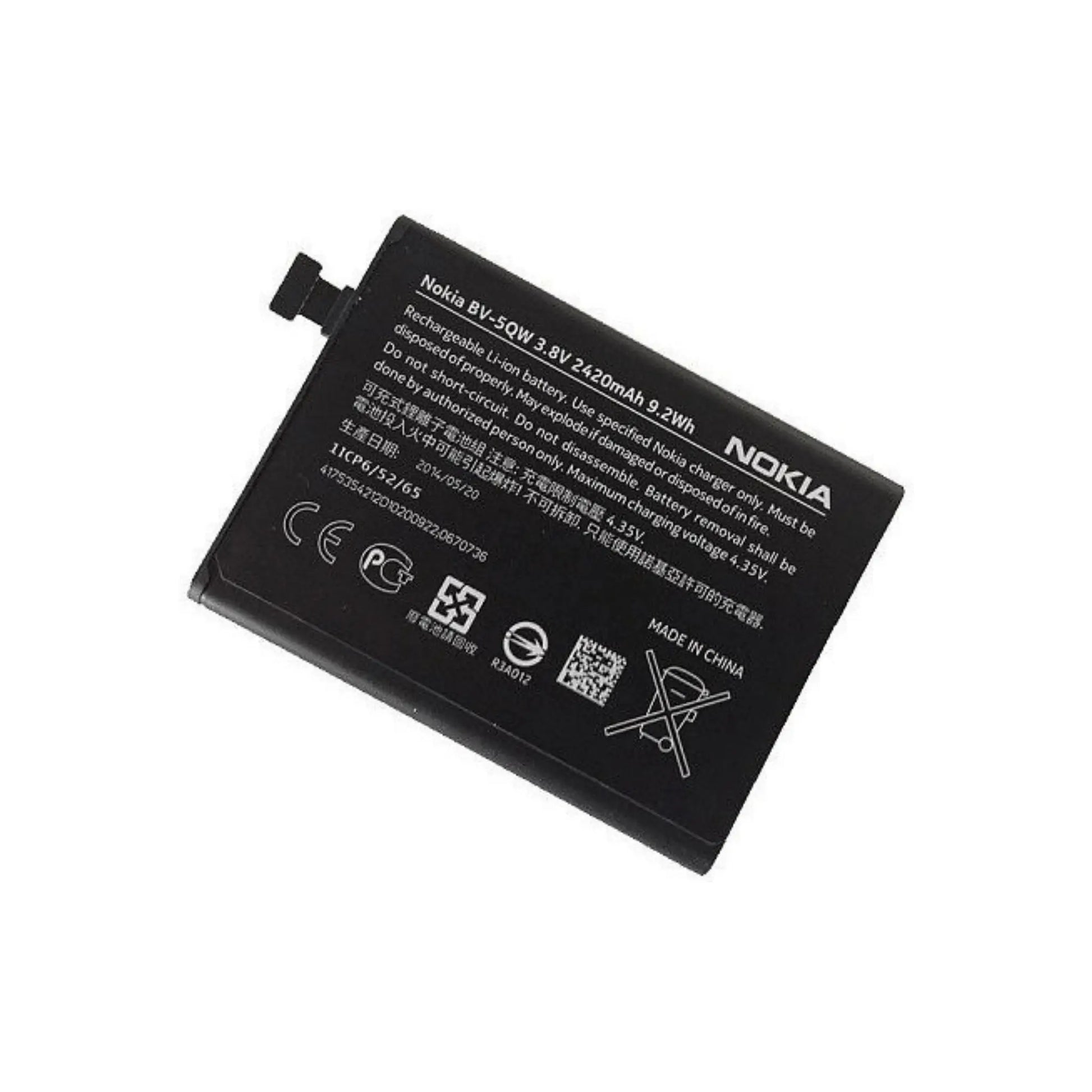 Auf diesem Produktbild wird der Nokia Akku BV-5QW Li-Ion 3.8 Volt 2420 mAh abgebildet.