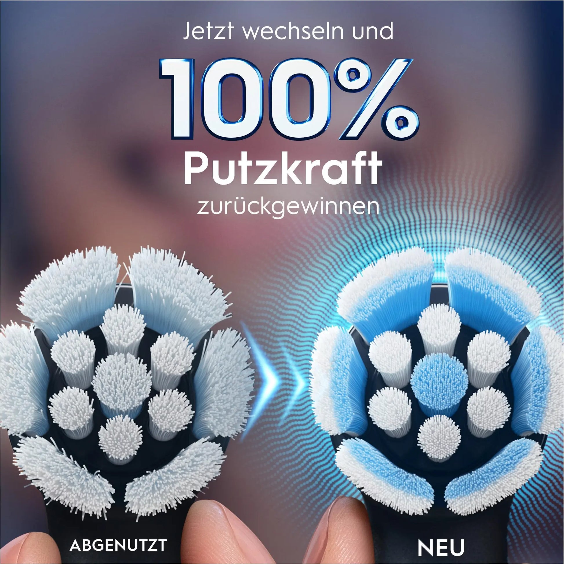 Oral-B Gentle Care Aufsteckbürsten 4er Set in Schwarz mit Ansicht der neuen und alten Bürsten. 