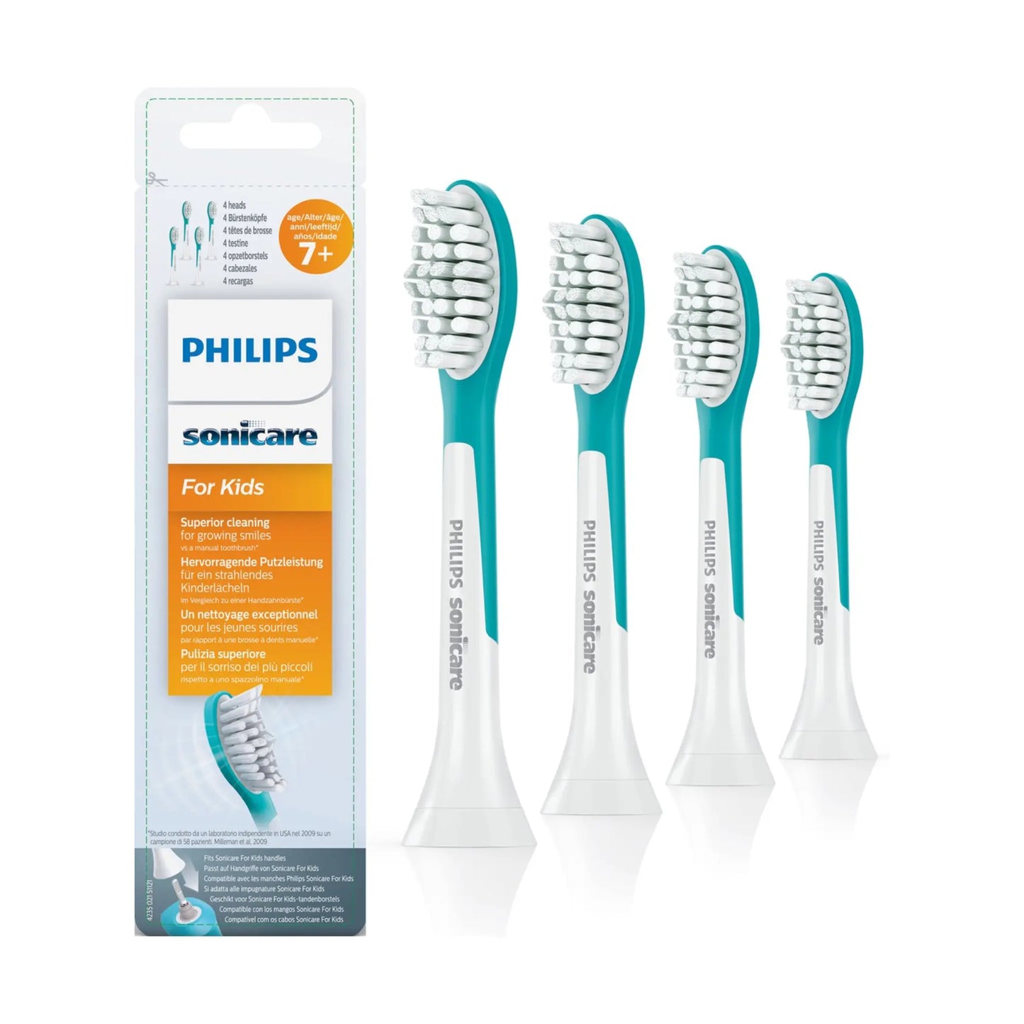 Das Bild zeigt die Philips HX6034/33 Kids ab 7 Jahren Aufsteckbürsten im 4er Pack aus der Frontansicht.