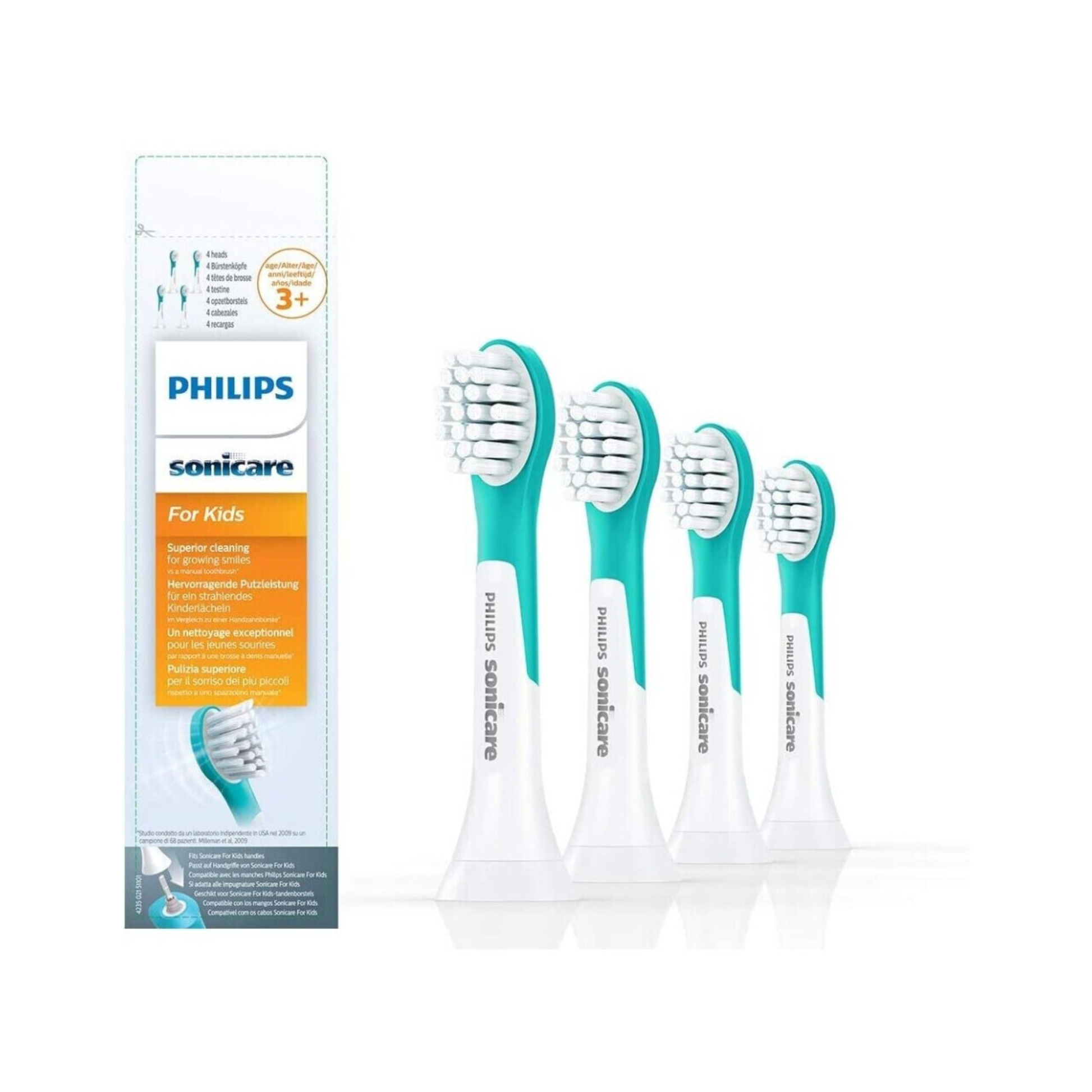 Das Bild zeigt die Philips HX6034/33 Kids ab 3 Jahren Aufsteckbürsten 4er Pack in Weiß aus der Frontansicht. 