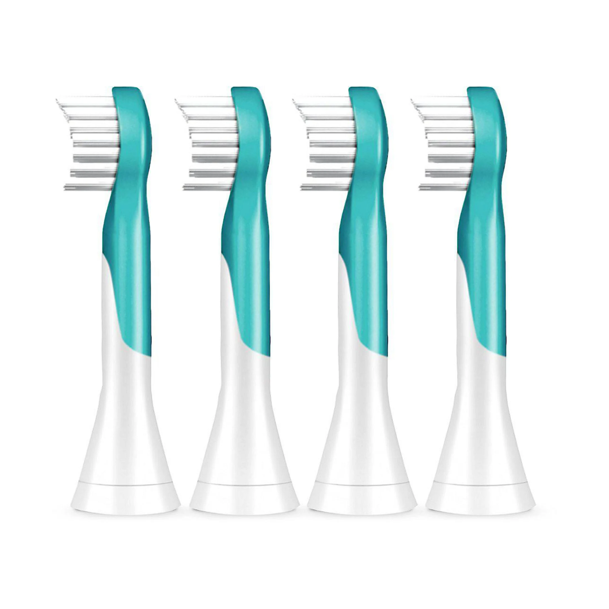 Das Bild zeigt die Philips HX6034/33 Kids ab 3 Jahren Aufsteckbürsten 4er Pack in Weiß aus der Seitenansicht.