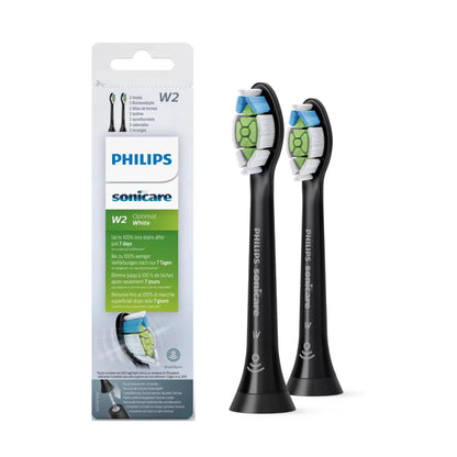 Das Bild zeigt die Philips Sonicare W2 Optimal White Aufsteckbürsten im 2er Pack in Schwarz aus der Seitenansicht und mit der Verpackung auf der Abbildung. 