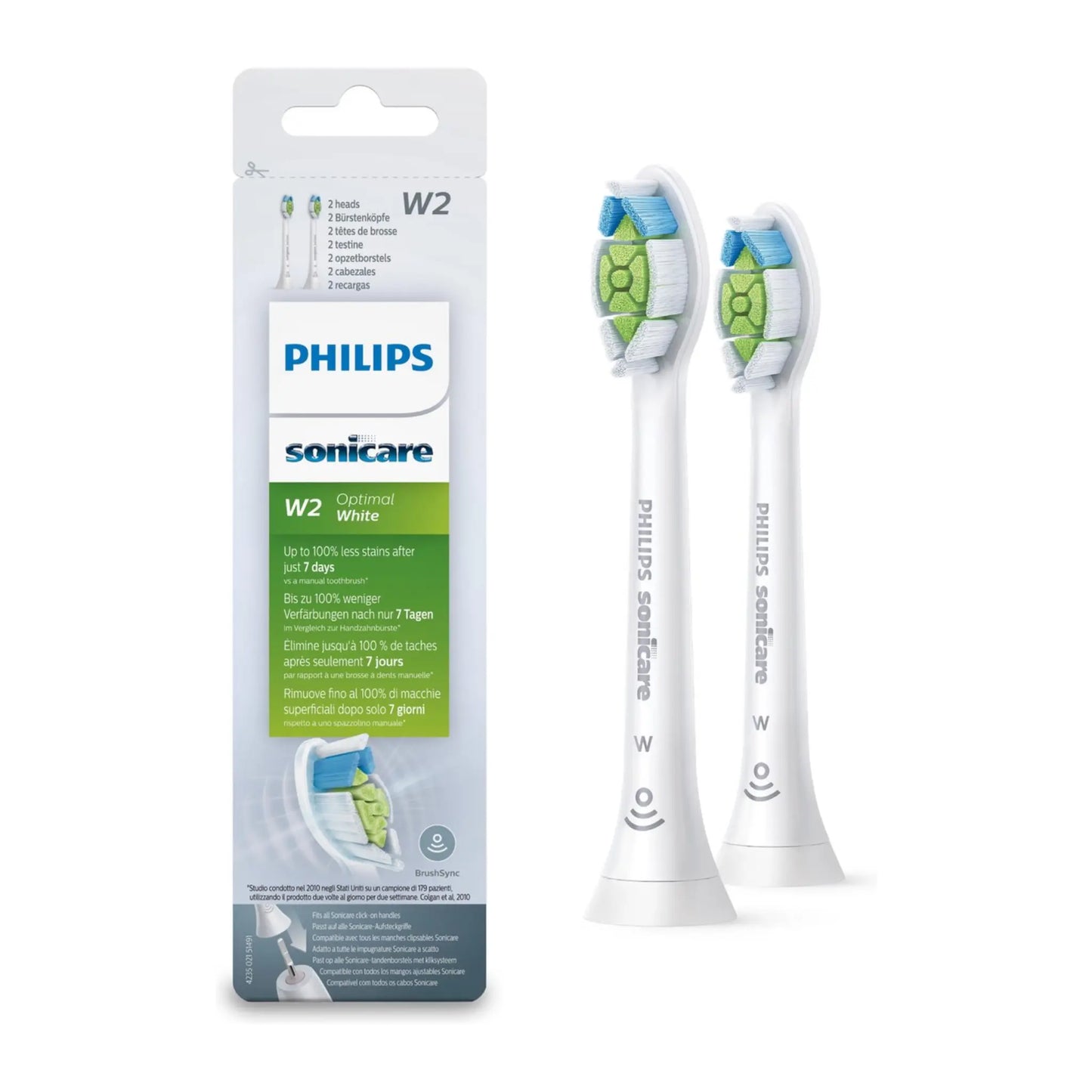 Das Bild zeigt die Philips Sonicare W2 Optimal White Aufsteckbürsten im 2er Pack in Weiß aus der Seitenansicht und mit der Verpackung auf der Abbildung. 