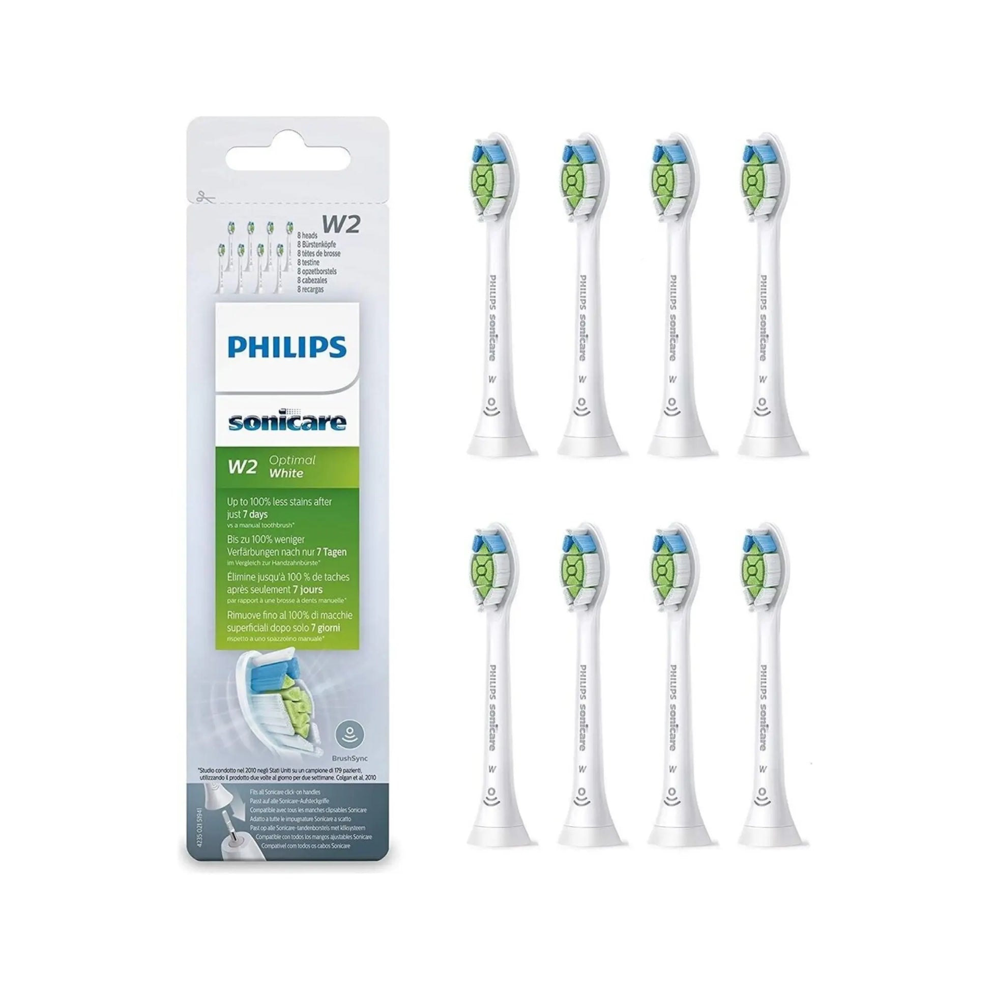 Das Bild zeigt die Philips Sonicare W2 Optimal White Aufsteckbürsten im 8er Pack und der Farbe Weiß.