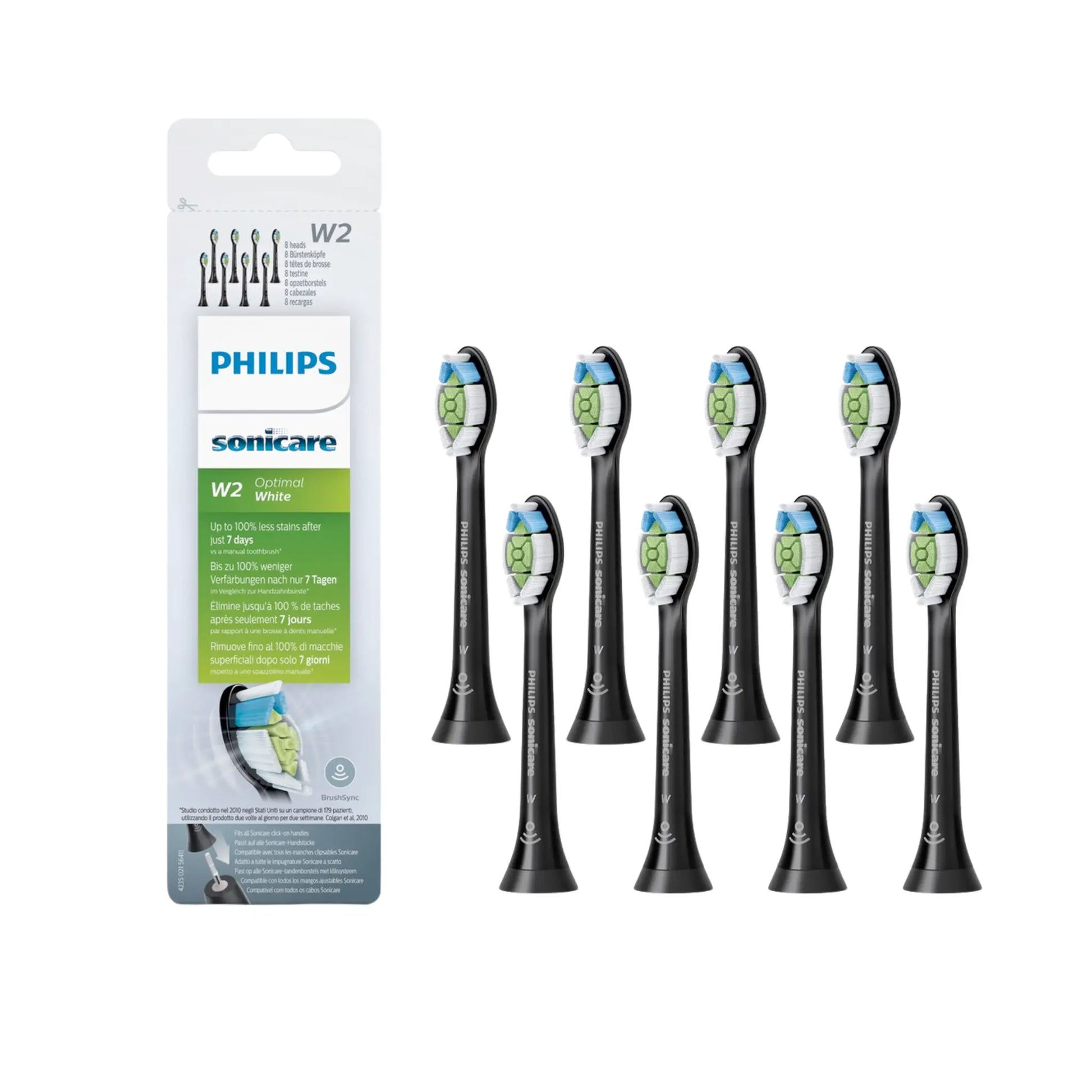 Das Bild zeigt die Philips Sonicare W2 Optimal White Aufsteckbürsten im 8er Pack und der Farbe Schwarz.