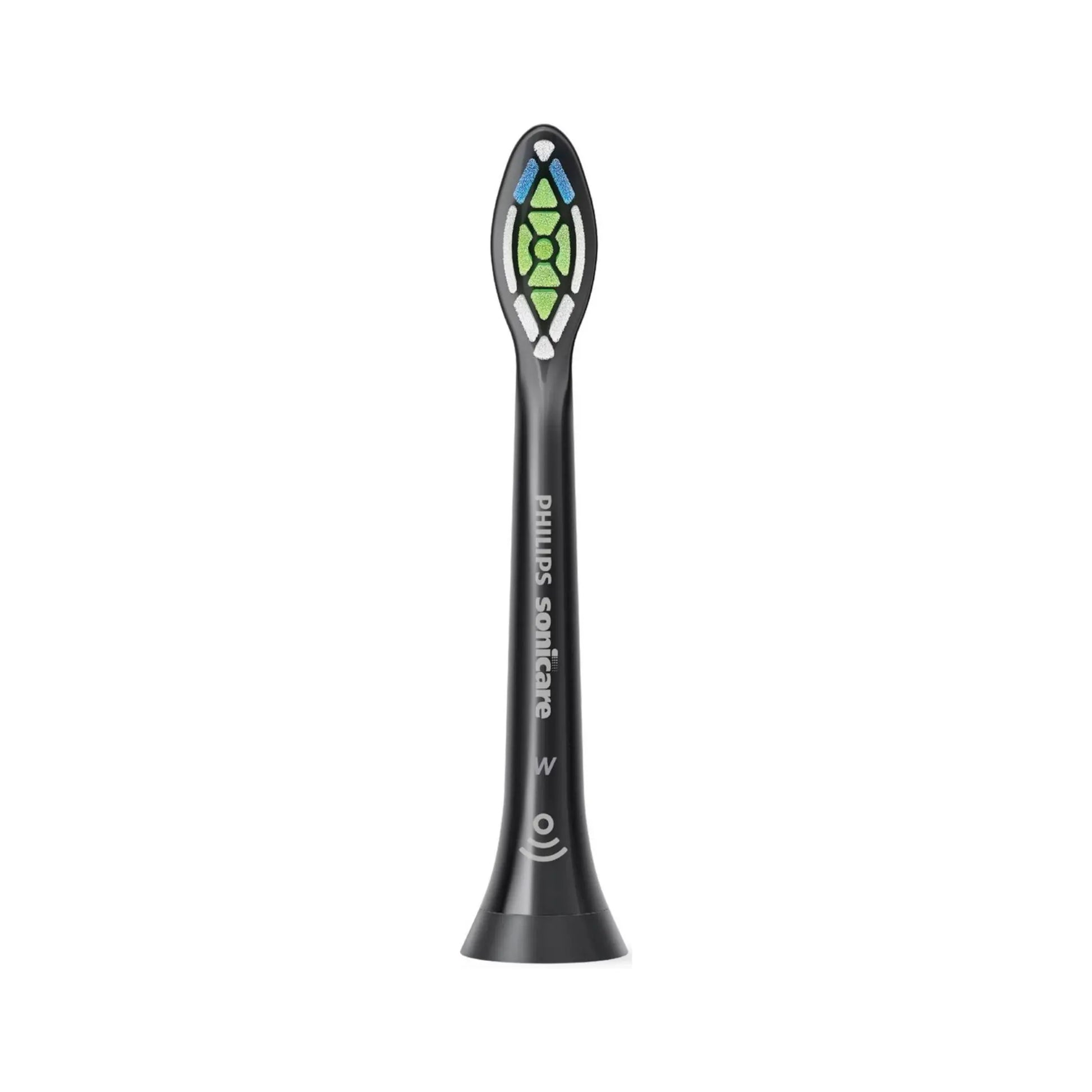 Das Bild zeigt die Philips Sonicare W2 Optimal White Aufsteckbürste in Schwarz aus der Frontansicht.