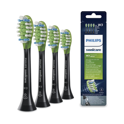 Das Bild zeigt die Philips Sonicare W3 Premium White Aufsteckbürsten in Schwarz aus der Schrägansicht.