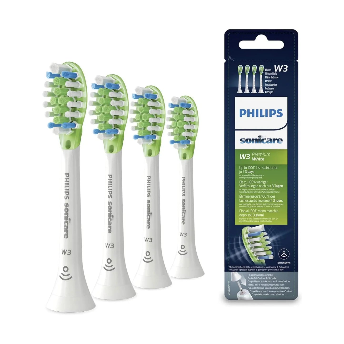 Das Bild zeigt die Philips Sonicare W3 Premium White Aufsteckbürsten 4er Pack in Weiß aus der Schrägansicht.