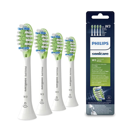 Das Bild zeigt die Philips Sonicare W3 Premium White Aufsteckbürsten 4er Pack in Weiß aus der Schrägansicht.