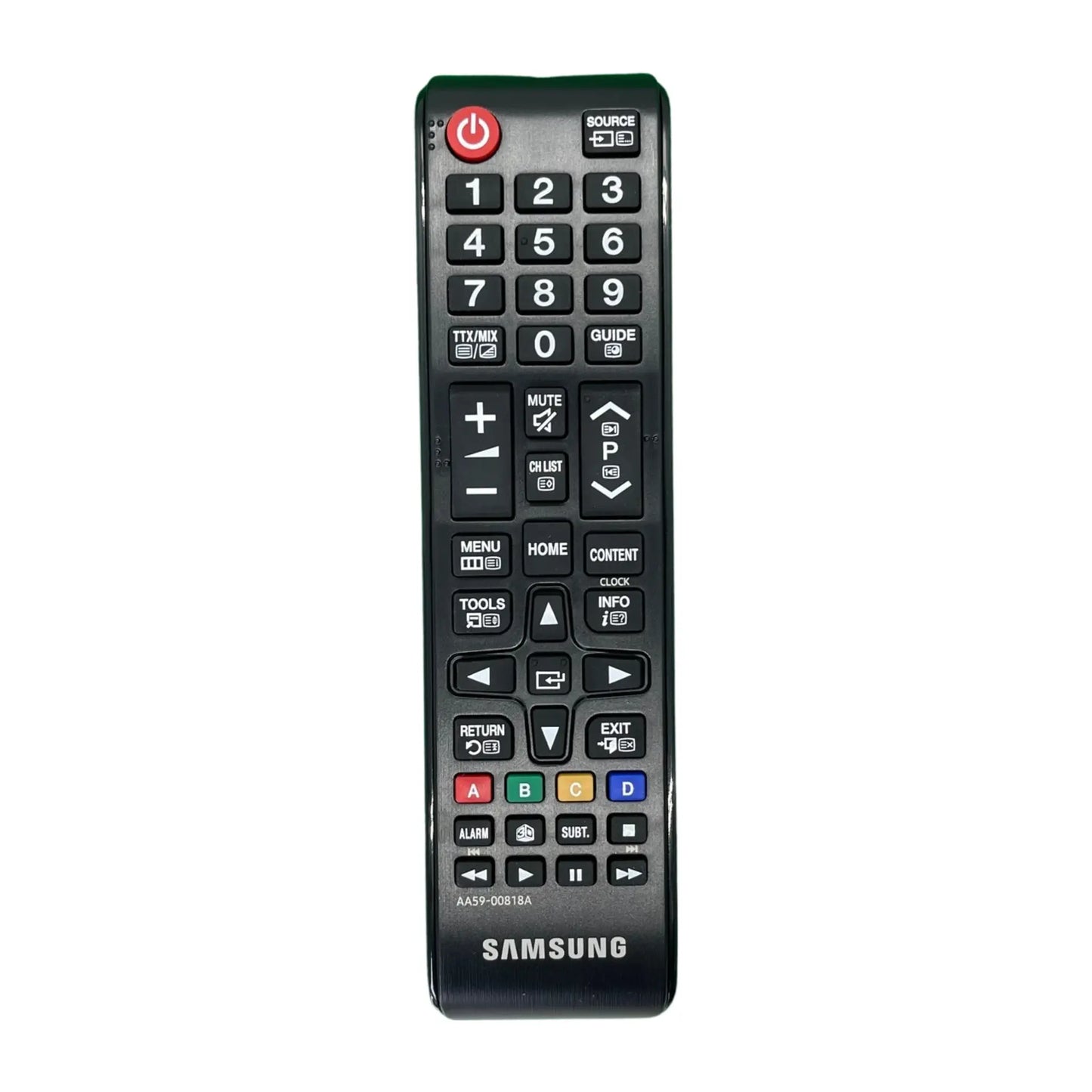 Das Bild zeigt die Samsung AA59-00818A Fernbedienung aus der Frontansicht. 