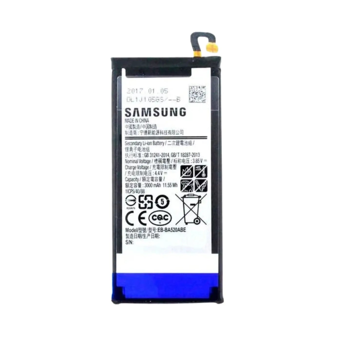 Auf diesem Produktbild wird der Samsung Akku EB-BA520ABE Li-Ion 3.85 Volt 3000 mAh abgebildet.