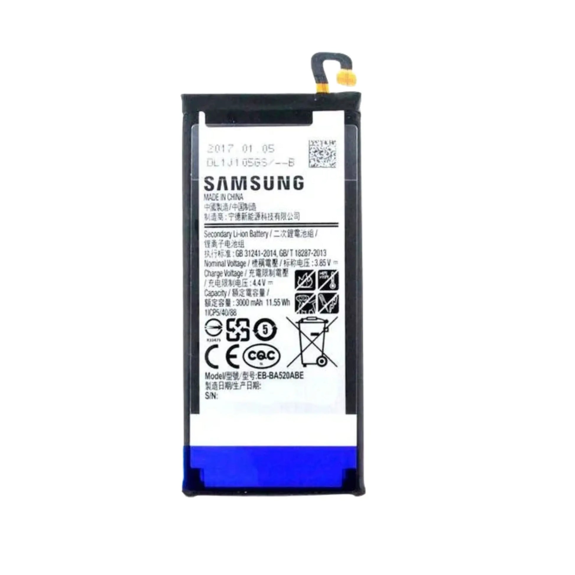 Auf diesem Produktbild wird der Samsung Akku EB-BA520ABE Li-Ion 3.85 Volt 3000 mAh abgebildet.