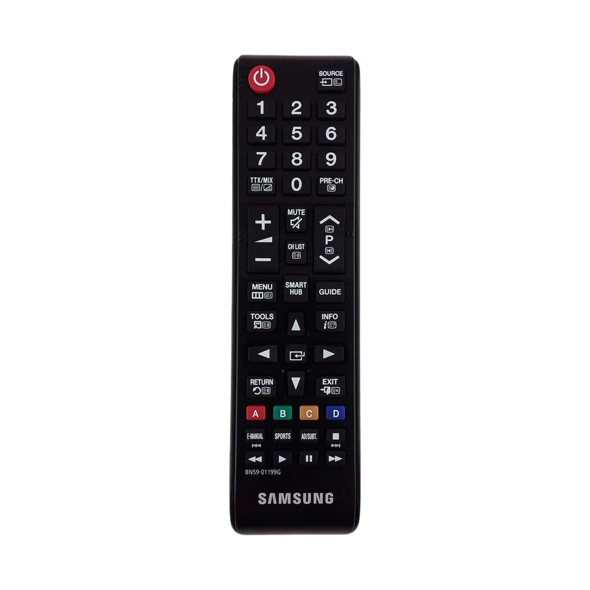 Das Bild zeigt die Samsung BN59-01199G Fernbedienung aus der Frontansicht. 