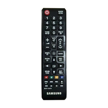 Das Bild zeigt die Samsung BN59-01247A Fernbedienung in Schwarz aus der Frontansicht.