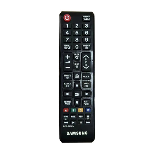 Das Bild zeigt die Samsung BN59-01247A Fernbedienung in Schwarz aus der Frontansicht.