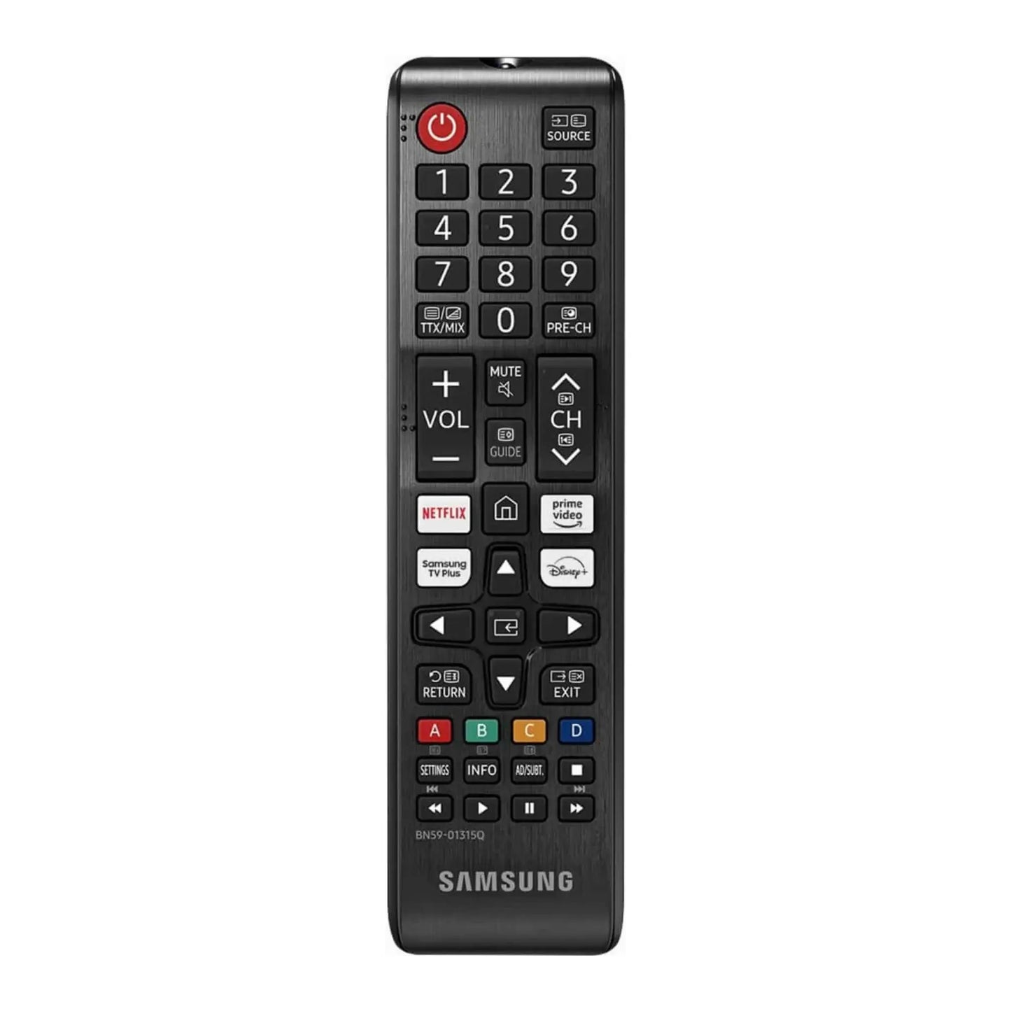 Das Bild zeigt die Samsung BN59-01315Q Fernbedienung in Schwarz aus der Frontansicht. 