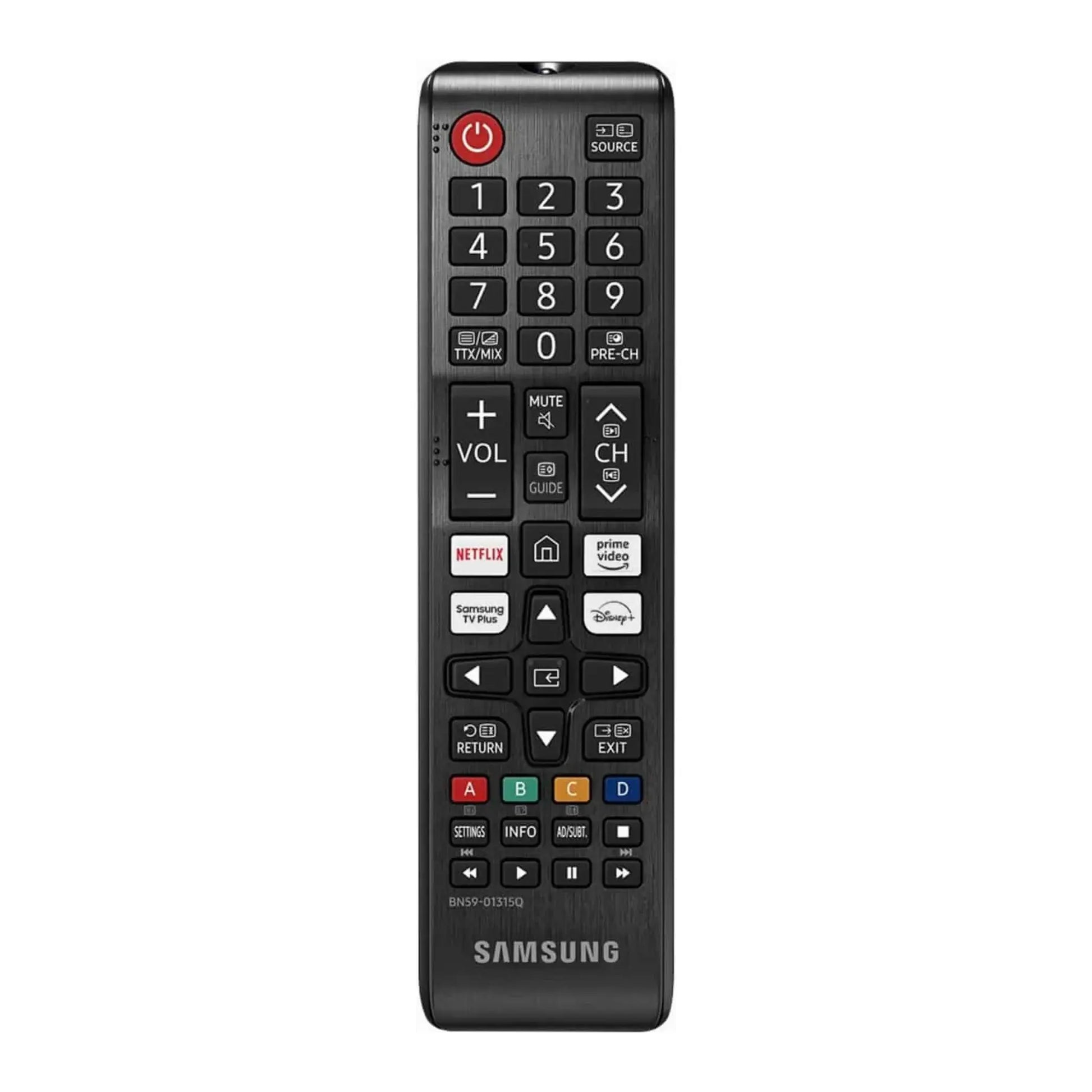 Das Bild zeigt die Samsung BN59-01315Q Fernbedienung in Schwarz aus der Frontansicht. 