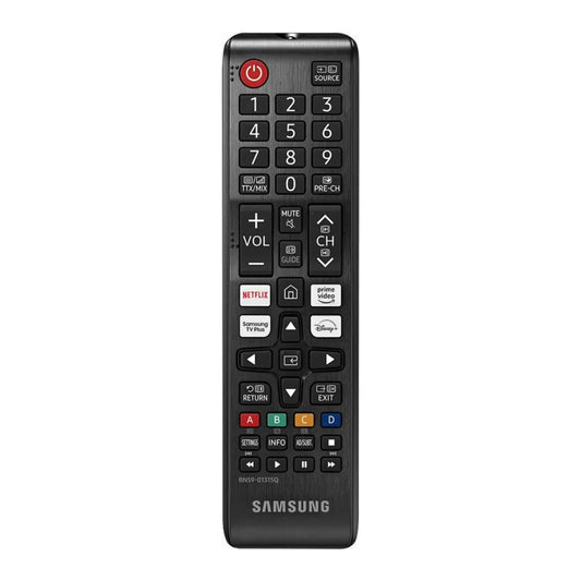 Das Bild zeigt die Samsung BN59-01315Q Fernbedienung in Schwarz aus der Frontansicht. 