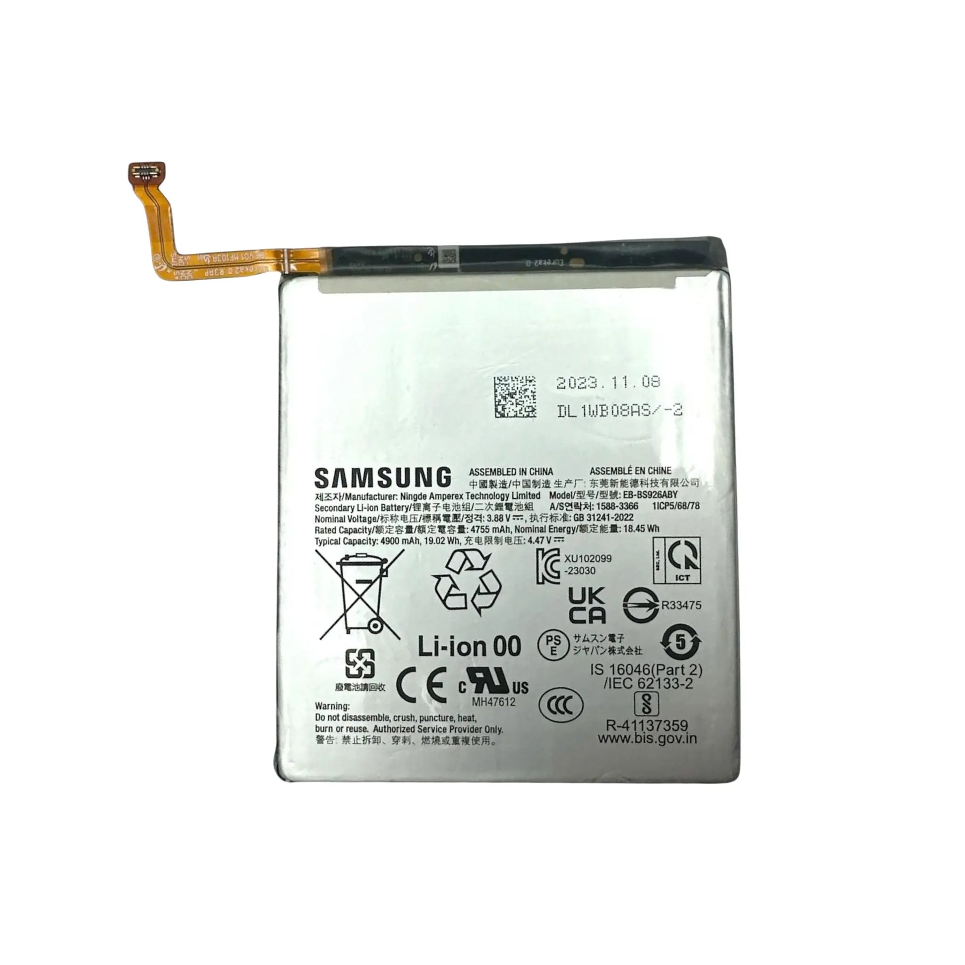 Das Bild zeigt den Samsung Akku EB-BS926ABY Li-Ion mit 3.88 Volt und 4900 mAh.
