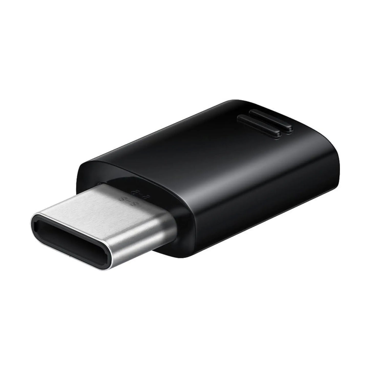 Das Bild zeigt den Samsung EE-GN930 Adapter in Schwarz – USB-C auf Micro-USB Konverter für das Laden und die Datenübertragung. Das Bild zeigt die USB-C Seite des Adapters.