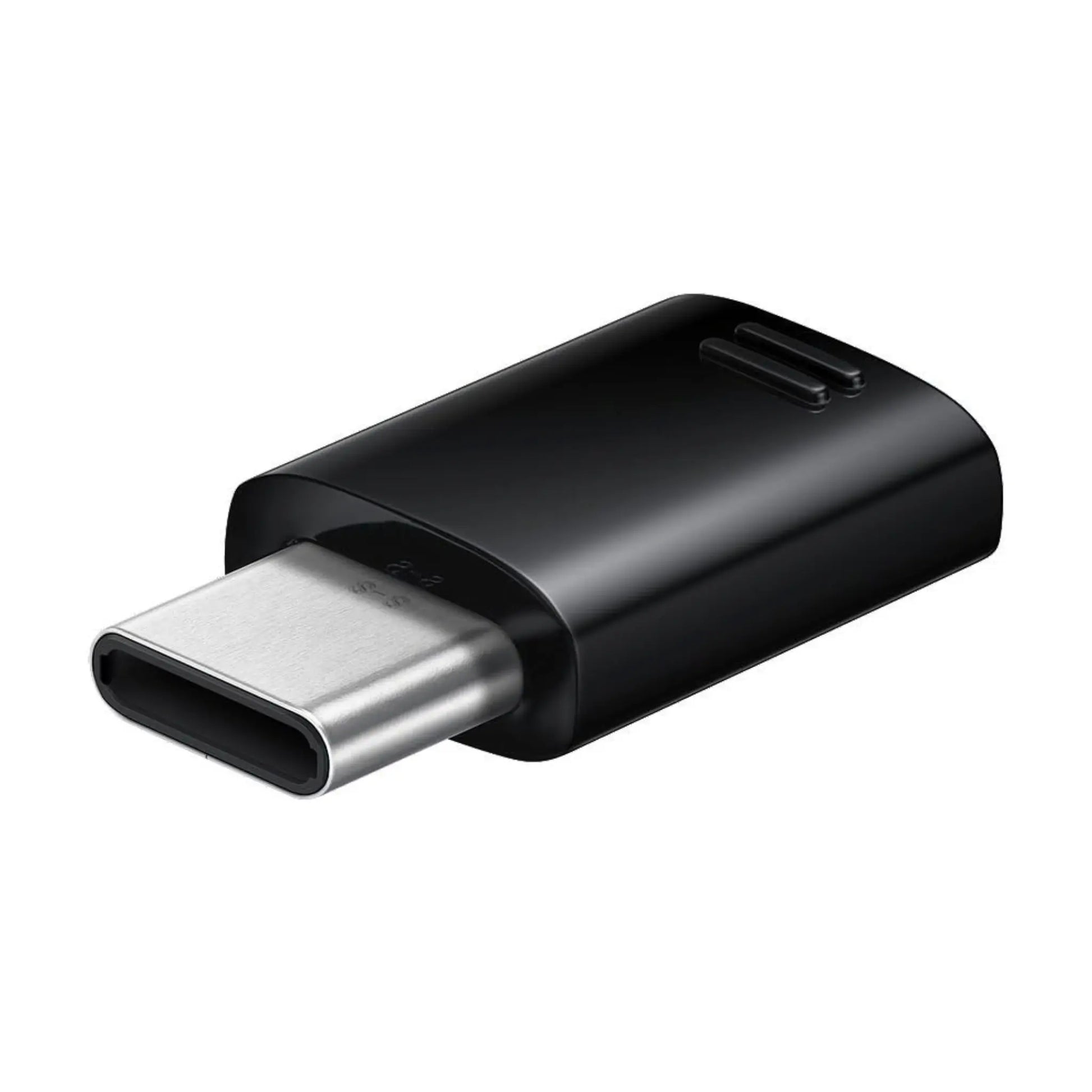 Das Bild zeigt den Samsung EE-GN930 Adapter in Schwarz – USB-C auf Micro-USB Konverter für das Laden und die Datenübertragung. Das Bild zeigt die USB-C Seite des Adapters.