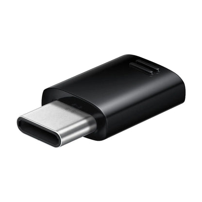 Das Bild zeigt den Samsung EE-GN930 Adapter in Schwarz – USB-C auf Micro-USB Konverter für das Laden und die Datenübertragung. Das Bild zeigt die USB-C Seite des Adapters.