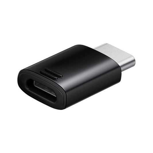 Das Bild zeigt den Samsung EE-GN930 Adapter in Schwarz – USB-C auf Micro-USB Konverter für das Laden und die Datenübertragung.