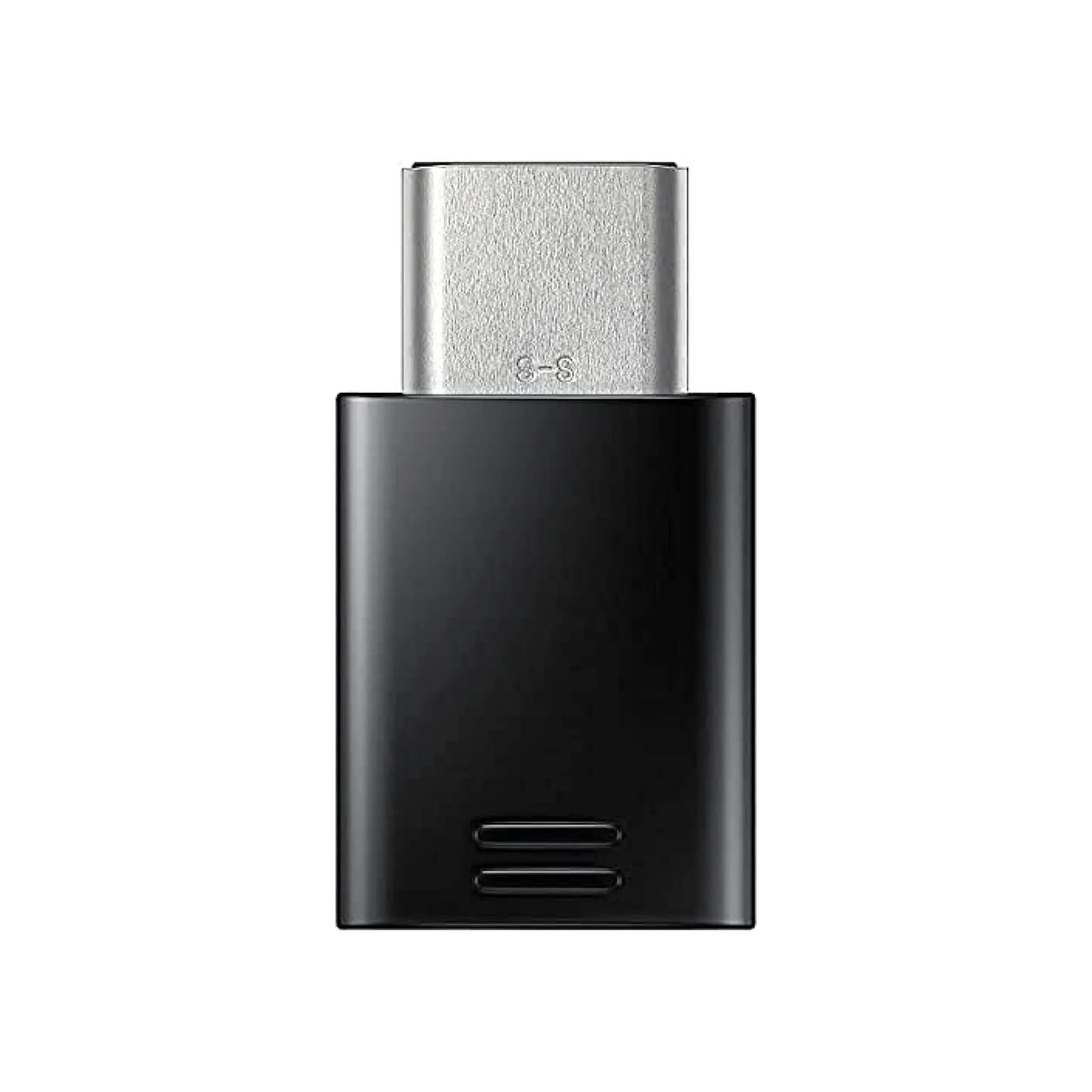 Das Bild zeigt den Samsung EE-GN930 Adapter in Schwarz – USB-C auf Micro-USB Konverter für das Laden und die Datenübertragung. Von dem Adapter wird die Rückseite abgebildet.